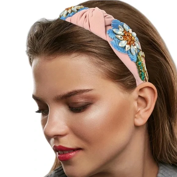 Pink Blue Floral Embellished Embroidered & Rhinestone Headband - Picture 3 of 4